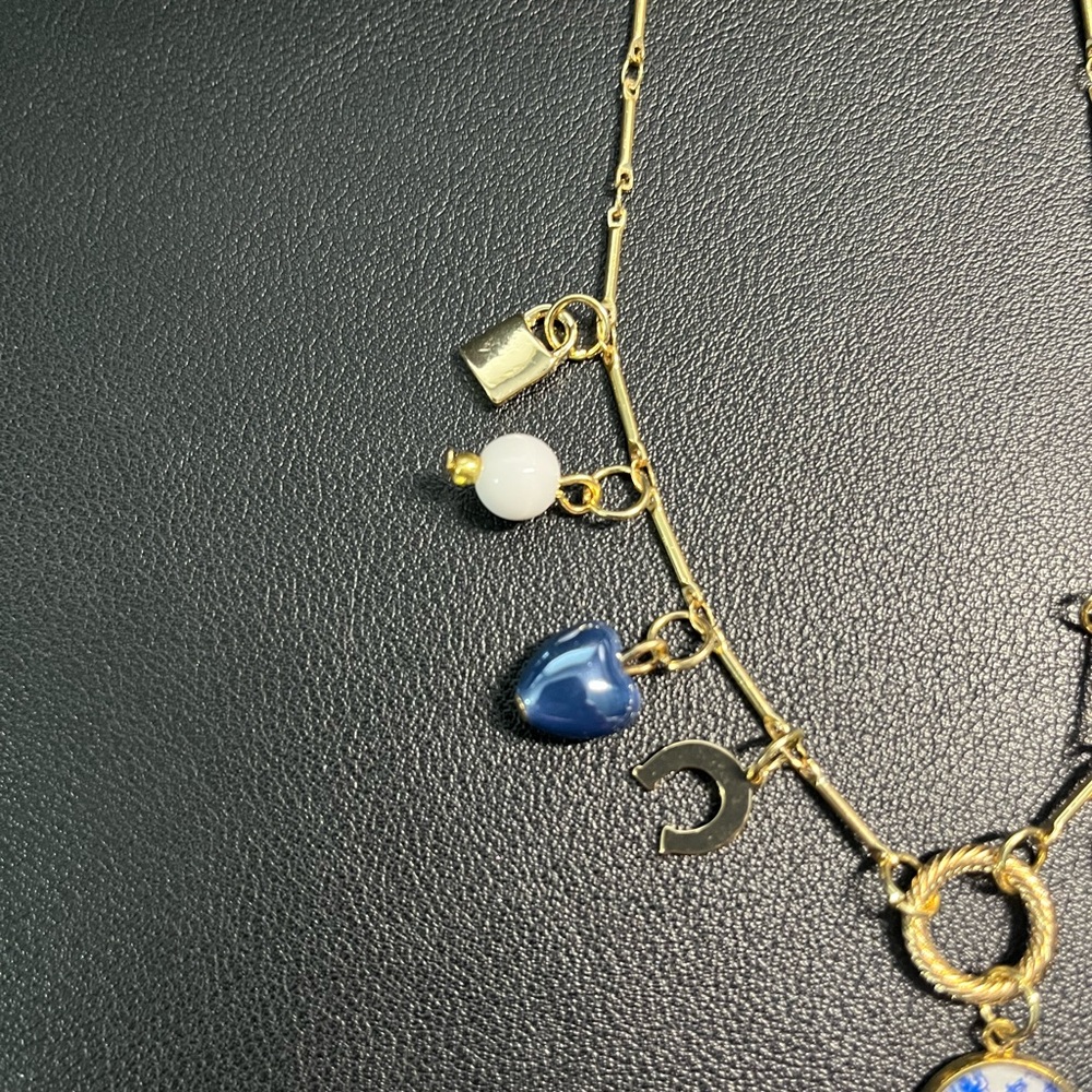 Gold Charm Necklace with Blue Accents. NWT. - Picture 2 of 5